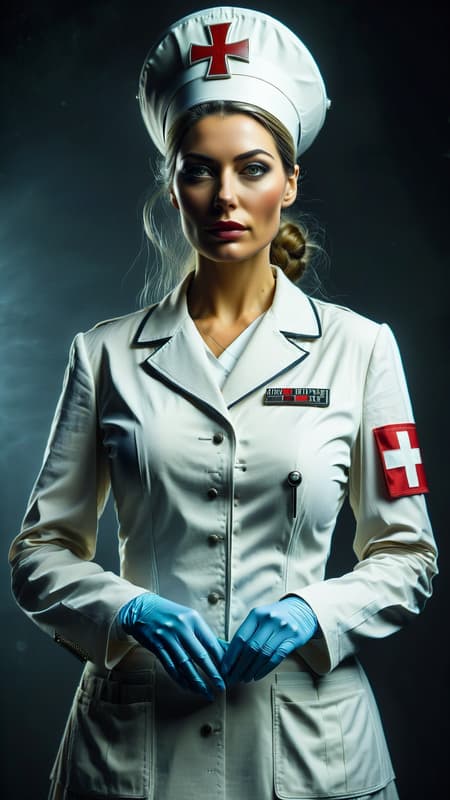 Dystopian future, Sci-Fi. Supervillain, nurse, bodyguard, Neo-Nazi? No one knows her actual age, she seems to recall World War II like she was actually there, though that was the early part of the 20th century. She is a nurse from back in those times, though she's a member of the Neo-Nazi party of the future. There are robots and super-soldiers where she is now.
She is a tall, full figured but muscular and fit woman, practically a giant at 6 ft 7. Caucasian woman of German descent. She is a matronly middle aged woman in her mid to late 60's (or so she appears to be). Her eyes are pale grey and very alert. Her hair is black with a few gray streaks in them; she keeps it pulled back and in a bun so she can wear her nurse hat. She wears no make-up, which makes her look very plain and frumpy, though she may have been beautiful once. She wears a white nurses uniform with a white lab coat on top. White stockings with white nurses shoes. There are indications she might have been a soldier once; she has all the discipline and demeanor of someone that was in the military. She is also a great warrior, able to fight in any style and use any weapon. Her weapon of choice is a hypodermic needle filled with her choice of poison, acid or tranquilizer. She has been called the "nurse of death" , at least to those that weren't on her side. She is a very subtle Nazi, though she does occasionally wear a tiny gold swastika pin on her uniform. She is stoic and stiff, no time for nonsense or frivolity. Full body pose, probably holding her hypodermic needle... Dystopian future, Sci-Fi. Supervillain, nurse, bodyguard, Neo-Nazi? No one knows her actual age, she seems to recall World War II like she was actually there, though that was the early part of the 20th century. She is a nurse from back in those times, though she's a member of the Neo-Nazi party of the future. There are robots and super-soldiers where she is now.
She is a tall, full figured but muscular and fit woman, practically a giant at 6 ft 7. Caucasian woman of German descent. She is a matronly middle aged woman in her mid to late 60's (or so she appears to be). Her eyes are pale grey and very alert. Her hair is black with a few gray streaks in them; she keeps it pulled back and in a bun so she can wear her nurse hat. She wears no make-up, which makes her look very plain and frumpy, though she may have been beautiful once. She wears a white nurses uniform with a white lab coat on top. White stockings with white nurses shoes. There are indications she might have been a soldier once; she has all the discipline and demeanor of someone that was in the military. She is also a great warrior, able to fight in any style and use any weapon. Her weapon of choice is a hypodermic needle filled with her choice of poison, acid or tranquilizer. She has been called the "nurse of death" , at least to those that weren't on her side. She is a very subtle Nazi, though she does occasionally wear a tiny gold swastika pin on her uniform. She is stoic and stiff, no time for nonsense or frivolity. Full body pose, probably holding her hypodermic needle...