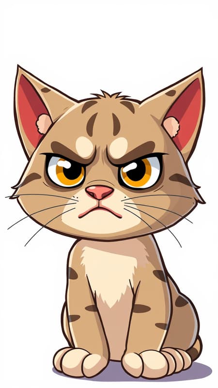 Adorable cartoon cat with a grumpy expression, gazing directly at the viewer, in a vibrant vector illustration style.