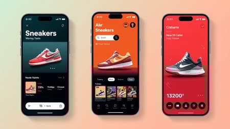 Sneakers e-commerce app interface design, featuring a sleek and modern UI with emphasis on user-friendly navigation and vibrant sneaker imagery, aspect ratio 2:3, quality emphasis, version 5. Enhance the visual appeal with creative color schemes and typography while maintaining the core concept.