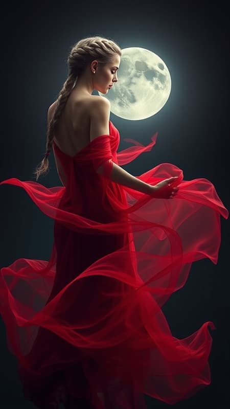 As the moon ascends into the night sky, a mesmerizing vision captures your gaze. A striking woman in a flowing gown of swirling crimson mist moves with an enchanting grace to the rhythm of a silent melody. Her hair is woven into an intricate braided ponytail, each strand shimmering like threads of silver in the moonlight. Her movements are so fluid that the line between her form and the swirling mist becomes indistinct. As she dances through the shadows, the mist coils and eddies around her, casting a spectral light that highlights her features. An inexplicable allure draws you toward her, leaving you to ponder the mysteries hidden within her dance.