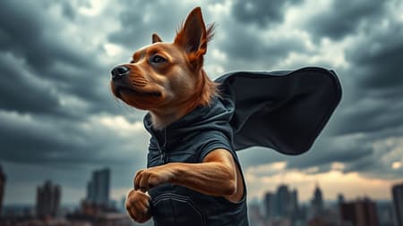 A raw photo capturing a dog dressed as a superhero with a sleek black costume, striking a heroic pose in an apocalyptic city background. The sky is tumultuous and stormy, adding drama to the scene. Shot in 8k UHD with a DSLR, the image features soft lighting and a high-quality film grain texture, reminiscent of a Fujifilm XT3. The costume subtly glows in the dim light, contrasting the dark and brooding cityscape, while the wind ruffles the dog's cape with dynamic flair.