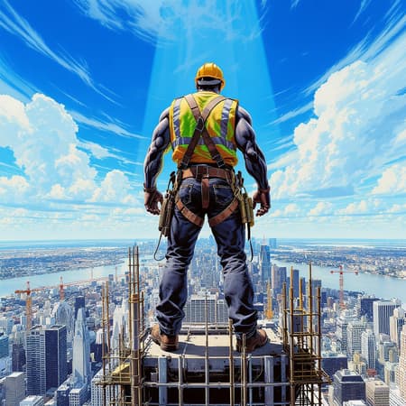 A stunning superhero comic book illustration in the style of Alex Ross, featuring a construction worker atop a towering skyscraper. Dressed in rugged jeans, a high-vis vest, and a sturdy hard hat, the worker embodies strength and resilience. The illustration captures Ross's iconic realistic style, detailing every aspect of the worker's attire, tools, and the urban landscape surrounding him. The worker's muscular build is highlighted with dynamic lines and nuanced shading, exuding confidence as he gazes over the expansive cityscape. Sunlight casts dramatic shadows, accentuating the depth and dimension of his form. The meticulous attention to detail is evident in everything from the rivets in his harness to the cranes and scaffolding in the background. The scene is brought to life with vibrant colors, juxtaposing the bright blue sky against the gray urban labyrinth below. The composition skillfully guides the viewer's eyes from the commanding presence of the worker to the far-reaching city beyond. This evocative illustration celebrates the heroic spirit of the everyday laborer, inspiring awe and admiration in all who see it, rendered in hyper detail, majestic comic style, 8K resolution, high definition, and super-resolution.