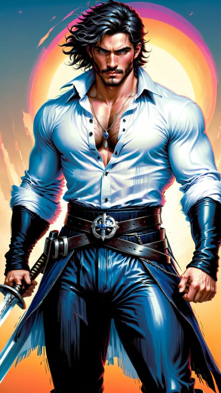 Swordsman, guardian, soldier of a good and righteous King. Hypermasculine male. Caucasian male, Russian origin. Tall, muscular, sinewy, strong, broad chested, wide shouldered, narrow waist. Extremely hairy, hirsute body {{{ thick coarse hair on chest ,abs, arms,legs}}} Pale grey eyes, handsome masculine model face, strong brow, chiseled chin with dimple, slight thin black mustache. Short black hair with silver streak up front, wavy fade hairstyle with curls pushed to one side {{{SHORT HAIR}}}. Silky translucent sheer white long sleeved collared shirt, unbuttoned to his navel to reveal his hairy chest. Long, loose sleeves above hairy wrists. Cross pendant with sapphire sliver chain around the neck. Long royal blue sash around the waist, flowing in the wind. Shiny formfit black tights/pants, legs powerful and muscular. Pants tucked into black leather pirate boots, boots adorned with silver metallic designs. Black belt strap across his chest, holding a sapphire jeweled bastard sword. Swordsman fighting stance, full body pose. {{{VERY HAIRY CHEST}}} Swordsman, guardian, soldier of a good and righteous King. Hypermasculine male. Caucasian male, Russian origin. Tall, muscular, sinewy, strong, broad chested, wide shouldered, narrow waist. Extremely hairy, hirsute body {{{ thick coarse hair on chest ,abs, arms,legs}}} Pale grey eyes, handsome masculine model face, strong brow, chiseled chin with dimple, slight thin black mustache. Short black hair with silver streak up front, wavy fade hairstyle with curls pushed to one side {{{SHORT HAIR}}}. Silky translucent sheer white long sleeved collared shirt, unbuttoned to his navel to reveal his hairy chest. Long, loose sleeves above hairy wrists. Cross pendant with sapphire sliver chain around the neck. Long royal blue sash around the waist, flowing in the wind. Shiny formfit black tights/pants, legs powerful and muscular. Pants tucked into black leather pirate boots, boots adorned with silver metallic designs. Black belt strap across his chest, holding a sapphire jeweled bastard sword. Swordsman fighting stance, full body pose. {{{VERY HAIRY CHEST}}}