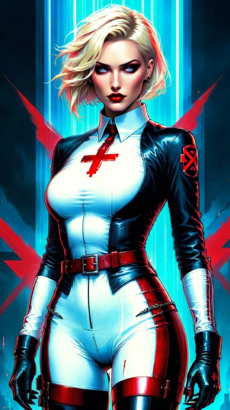 Sci-Fi dystopian world. Supervillain; she is their secret weapon and enemy to humanity, a member of the Neo-Nazi party. Genetically engineered to be a soldier and a telepath, she can read minds, attack minds, mind control, and influence peoples worst behavior, especially hate. She can draw large crowds and whip them into a fervor. She is also a fighter, and carries electrically charged throwing throwing stars shaped like swastikas. They explode when they hit their target. 
Caucasian female of German descent, Nordic good looks. Tall, slim but shapely, athletic, strong, fortitude. Pale blonde hair, pixie hairstyle cut very short on the sides and back, longer on top and flipped over one eye. (((Short hair))) Icy blue eyes with long lashes, intense stare looking into your mind. High cheekbones and full lips, very modelesque, dark red lipstick. She hardly ever smiles--- when she does, it's for all the wrong reasons. Her uniform is a white long sleeved spandex shirt with red stripes down the outside sleeves sides of the torso. There is a big red swastika on the front of the shirt-- she displays it proudly, unashamed. Black leather bracers on her arms, black shoulder pads, and black leather belt that meets in a V-shape at her waist. A form-fitting mid-thigh white skirt with red stripes down the sides. Sheer white leggings on shapely legs, and knee-high shiny black leather boots, high heeled but sturdy. She usually wears a shiny gold swastika pin somewhere on her person...she is unashamed. Full body pose, sending out brain waves to all that will hear..... 