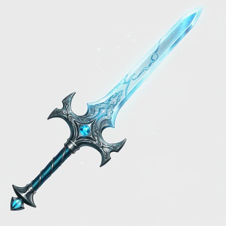 A breathtaking enchanted sword, designed as a videogame asset, with a fantasy theme, featuring exquisite lighting and intricate fantasy illustration. The sword possesses an iridescent quality, showcasing extreme detail, rendered in octane with high samples. It emanates a blue glow, set against a pristine white background, isolated to highlight its magnificence. This artwork is a trending piece on platforms like ArtStation, demonstrating a blend of creativity and technical precision.