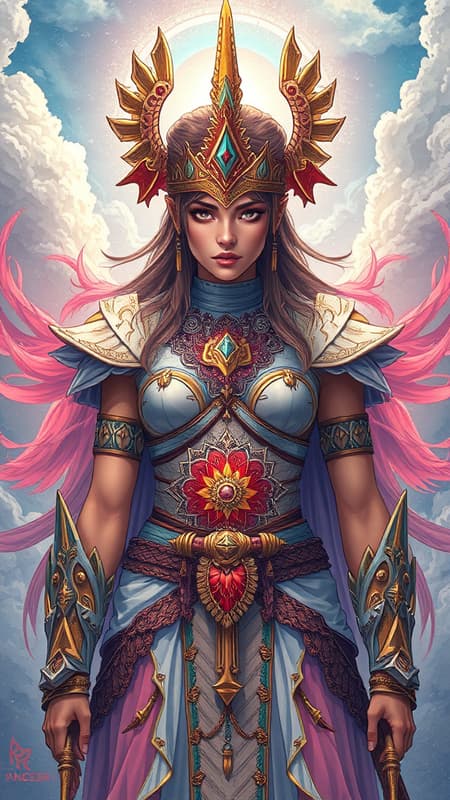 A majestic warrior princess stands strong and centered, her presence radiating breathtaking beauty and intricate detail. The scene is a key visual masterpiece with precise lineart, vibrant colors, and comprehensive cinematic depth, inspired by the ethereal styles of Carne Griffiths and Conrad Roset, exuding elegance and fierce determination.