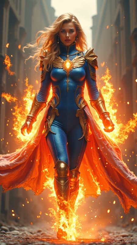 Female superhero, fire based character. Caucasian female, tall, slender, athletic build, modelesque. Long golden blond hair, layered tresses. Ethereal beauty, liquid amber eyes, long lashes. Red lips. Her costume is a form-fitting bodysuit that covers her from neck to feet; it is a shimmering deep azure blue with metallic flecks on the surface, gold strips up the sides of the legs, ribs and arms. Metallic gold thigh high boots that blend into the legs of her bodysuit. A shiny metallic gold falcon symbol on the front of her chest, the wings flare out from her shoulders. There is a  circlet/headdress with stylized metallic wings that flare from the sides, her long wild hair flows and falls over and around it. A short fire-red cape shaped like a pair of wings is attached to her arms, they flare out to create glider wings. She can create and project flames of all shapes and sizes, burning bright intensity. She can fly, her cape extends from her arms to form glider wings and blows in the wind. There is a flamelike aura surrounding her when her powers are in use. Full body pose, flying through the city and burning bright. 