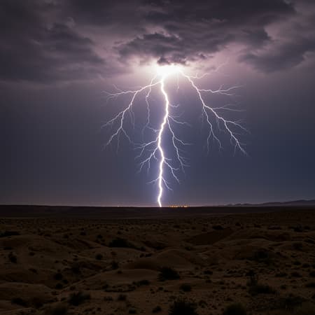 A breathtaking and dramatic photograph captures a lightning bolt electrifying the night sky over an expansive desert landscape. The image showcases the raw power and splendor of nature, with the blinding flash illuminating the rugged, arid terrain in an otherworldly glow. Captured with a Canon 5D Mark IV DSLR camera and a wide-angle Sigma 14mm f/1.8 Art lens, the photograph offers an extraordinary perspective and impressive depth of field. The camera settings skillfully freeze the moment of the lightning strike, utilizing an aperture of f/2.8, ISO 800, and a shutter speed of 1/4000 sec. A tripod ensures stability, eliminating any blurred motion. The striking contrast between the dark, stormy sky and the illuminated desert below creates a mesmerizing visual effect, while the intricate textures and subtle hues of the rocky landscape add intriguing depth to the composition. This stunning photograph is a tribute to the awe-inspiring power and beauty of nature, reminding us of our own place within the vast world.