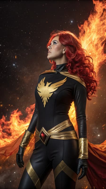 Phoenix/Jean Grey in her Phoenix costume, but it's dark black with metallic gold, a golden fiery falcon symbol on the front of her costume,  the sash around her waist blowing in the cosmic winds. She is surrounded by her fiery Phoenix raptor/falcon aura, she is within the firebird . Her eyes are lit up like stars. Her hair is beautiful red flames, flaring out. Full body pose. She is in space, on the edge of a galaxy. 