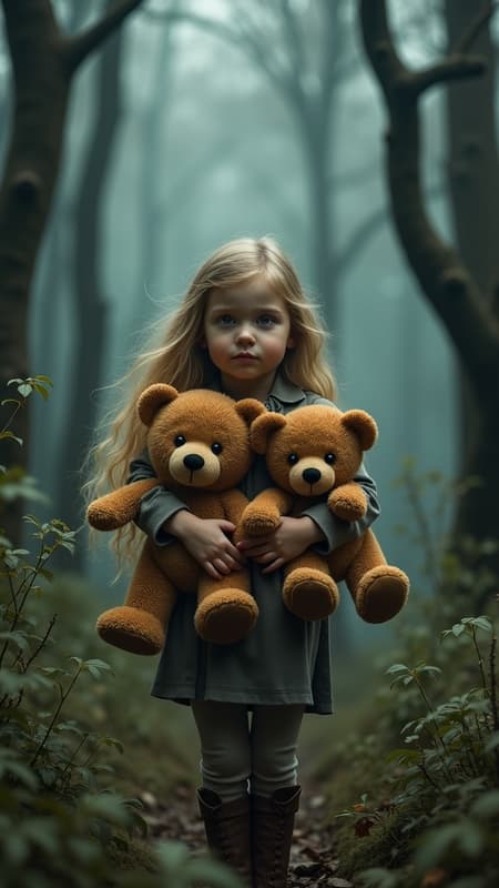 Girl Golden Hair Art A young girl with cascading golden hair ventures into an ominous forest shrouded in shadowy enchantments, clutching two well-worn teddy bears tightly to her chest.