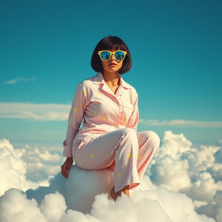 A whimsical woman perches atop fluffy white clouds, her oversized sunglasses reflecting the sun. She wears pastel pink pajamas adorned with playful yellow stars, her dark bob haircut framing her face with a quirky charm. The backdrop is an expansive sky painted in baby blue, dotted with artistic cloud formations. Photographed by Jimmy Marble, the image captures muted, earthy hues and gentle, soft tones, infusing the scene with a dreamy, ethereal quality.