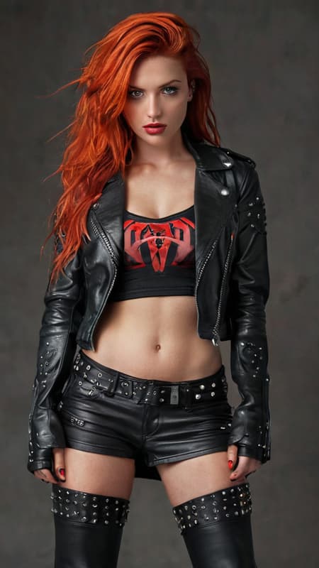 Heavy Metal biker Chick, super-hero . Feminine young woman. Long, wild flaming red hair swept back on one side, loose curls. Jade green eyes, moderate make-up, ruby red lips. Pretty, model girl, athletic, tall, busty. Black leather jacket, black spandex T-shirt, studded black leather bracelets on arms. Black leather mini-skirt, studded leather belt. Long legs, thigh high stiletto-heeled black leather boots.  Red energy/fire from right hand/fist, blue energy/fire from left hand/fist.  Full body pose. She always has a Harley motorcycle somewhere close by, high powered and lights on. 