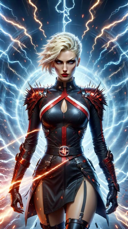 Sci-Fi dystopian world. Supervillain; she is their secret weapon and enemy to humanity, a member of the Neo-Nazi party. Genetically engineered to be a soldier and a telepath, she can read minds, attack minds, mind control, and influence peoples worst behavior, especially hate. She can draw large crowds and whip them into a fervor. She is also a fighter, and carries electrically charged throwing throwing stars shaped like swastikas. They explode when they hit their target. 
Caucasian female of German descent, Nordic good looks. Tall, slim but shapely, athletic, strong, fortitude. Pale blonde hair, pixie hairstyle cut very short on the sides and back, longer on top and flipped over one eye. (((Short hair))) Icy blue eyes with long lashes, intense stare looking into your mind. High cheekbones and full lips, very modelesque, dark red lipstick. She hardly ever smiles--- when she does, it's for all the wrong reasons. Her uniform is a white long sleeved spandex shirt with red stripes down the outside sleeves sides of the torso. There is a big red swastika on the front of the shirt-- she displays it proudly, unashamed. Black leather bracers on her arms, black shoulder pads, and black leather belt that meets in a V-shape at her waist. A form-fitting mid-thigh white skirt with red stripes down the sides. Sheer white leggings on shapely legs, and knee-high shiny black leather boots, high heeled but sturdy. She usually wears a shiny gold swastika pin somewhere on her person...she is unashamed. Full body pose, sending out brain waves to all that will hear..... 