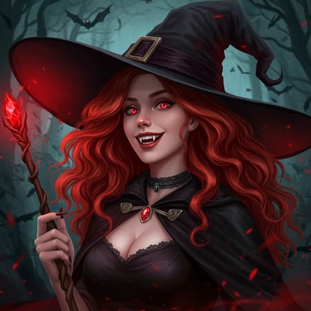 Fantasy Artwork Features Artwork The digital fantasy artwork features an enchanting witch with captivating features. The subject is a woman with alabaster skin and fiery red hair cascading in wild curls. She dons an elegant black witch's hat and a cloak edged with intricate ebony lace. Her eyes are mesmerizing, shimmering sapphire with an otherworldly glow, and beneath her broad smile lie sharp, pearl-white fangs. In her right hand, she wields an ornately carved wand, exuding an intense scarlet luminescence. Around her neck is a sophisticated black choker adorned with a glistening crimson gemstone pendant. The backdrop is an eerie, shadowy forest, thick with mist and the faint silhouettes of bats flitting through the air, amplifying the magical and mysterious ambiance. The color scheme is dominated by deep shades with striking red highlights, reinforcing the supernatural essence of the scene.