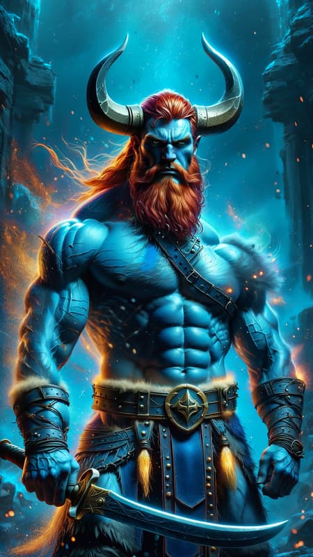 From the realm of faeries and fantasy. A handsome troll with pale blue skin like a Smurf. (((blue skin))) Warrior. He wields a giant Viking war axe. Tall, strong, big muscles, muscular, sinewy, broad chested, wide back, narrow waist, bodybuilder. Short fiery red hair, mullet with middle-parted bangs. White steer horns curved upwards from the front of his temples. Handsome masculine rugged face, Icy blue eyes, strong brow and jaw. Dark red beard, neatly trimmed with sideburns. Golden pauldrons trimmed with black on broad shoulders. Black leather bondage harness on his bare chest, dark blue tribal tattoos on his chest. Black leather bracers on strong arms. White fur loincloth covering his girth, exposing strong muscular legs, a golden Viking styled belt trimmed with black around his waist. Knee-high black leather boots with white fur tops. A Scarlet-red short cape with golden-yellow Viking designed trim around the edges. Full body pose, axe raised in warrior stance. {{MASTERPIECE}} From the realm of faeries and fantasy. A handsome troll with pale blue skin like a Smurf. (((blue skin))) Warrior. He wields a giant Viking war axe. Tall, strong, big muscles, muscular, sinewy, broad chested, wide back, narrow waist, bodybuilder. Short fiery red hair, mullet with middle-parted bangs. White steer horns curved upwards from the front of his temples. Handsome masculine rugged face, Icy blue eyes, strong brow and jaw. Dark red beard, neatly trimmed with sideburns. Golden pauldrons trimmed with black on broad shoulders. Black leather bondage harness on his bare chest, dark blue tribal tattoos on his chest. Black leather bracers on strong arms. White fur loincloth covering his girth, exposing strong muscular legs, a golden Viking styled belt trimmed with black around his waist. Knee-high black leather boots with white fur tops. A Scarlet-red short cape with golden-yellow Viking designed trim around the edges. Full body pose, axe raised in warrior stance. {{MASTERPIECE}}