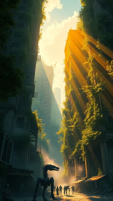 Cityscape Reminiscent Zero Artwork In a post-apocalyptic cityscape reminiscent of Horizon Zero Dawn, towering, overgrown skyscrapers stand amidst dense foliage, intertwining nature and remnants of human civilization. The scene is brought to life in a Final Fantasy ink style, where dramatic shadows play amidst shafts of golden sunlight piercing through broken windows and crumbling facades. The vibrant hues of the sky contrast sharply against the dark silhouettes of mechanical creatures roaming the streets, their metallic forms partially reclaimed by nature. Hidden waterfalls cascade down the sides of ruined buildings, and a mysterious abandoned marketplace is partially visible beneath the canopy of lush greenery. The air is thick with mist, adding an ethereal quality to the 8k resolution scene.