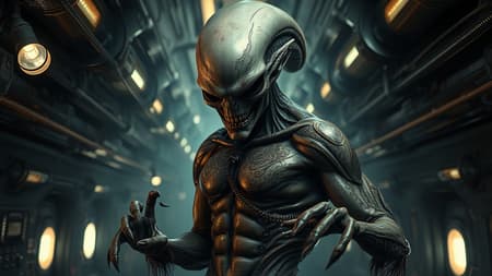 A masterpiece featuring a creepy, intimidating alien creature with unique skin and ornate clothing, set against a moist and steamy, intricately detailed spaceship corridor. This sci-fi scene is illuminated by flickering halogen lamps, embracing muted dark colors and a high dynamic range. The alien strikes an aggressive, yet alluring pose, showcasing a perfect, detailed face and an immaculate physique adorned with alien tattoos, scars, and oil-slicked skin. Its complex contours and highly detailed body reflect the textures, with wet, dripping surfaces enhancing the realism. Inspired by The Alien film franchise, the piece is photorealistic, embodying hyperrealism with an analog style in 8K UHD quality. Rendered with octane precision, it serves as concept art, featuring professional color grading with a muted LUT. Paying homage to the artistic styles of HR Giger, Hans Ruedi Giger, Aaron Horkey, and Jeremy Mann, the work avoids exaggerated details like stacked torsos or disjointed limbs, ensuring anatomical accuracy while maintaining a sense of mutation and otherworldly aesthetics.