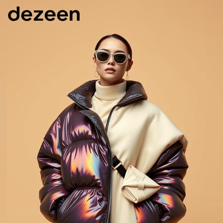 The image captures a woman posing against a muted beige background, embodying the persona of a digital trendsetter. Her outfit features a glossy, iridescent puffer jacket layered over an elegant, cream-colored poncho, reflecting the latest internet meme or trend. This look, currently spotlighted on the design-forward website Dezeen, offers a glimpse into 2024's cutting-edge fashion scene as presented in a fashion catalog. Accompanying her ensemble are sleek 8.0 LV sunglasses, a chic mac, and a folded accessory crafted by designers Mike and Wojtek Fus. This fashion-forward ensemble not only encapsulates the avant-garde style of the year but is also poised to garner significant attention.