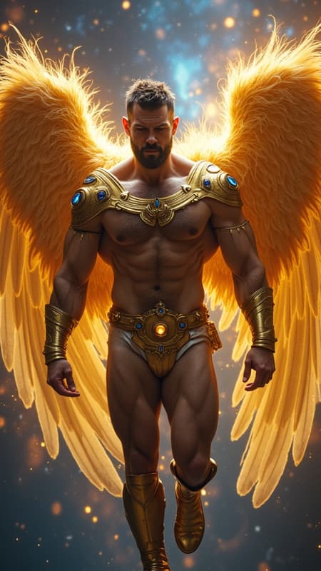 Archangel, celestial, galaxy protector, warrior Angel. Caucasian male, hypermasculine. Tall. muscular, sinewy, broad shoulders, broad chest, wide back, narrow waist, strong muscular legs, thick hairy forearms. Bodybuilder physique, big muscles. Extremely hairy chest, abs, arms, thighs, legs. {{{HAIRY BODY, hirsute}}} Dark brown hair, short length wavy fade style, cut close on sides with tousled curls on top. {{{SHORT HAIR}}} Golden headband tied around forehead/brow. Strong brow, squared jaw, thick brows, handsome, rugged good looks. Clean shaven, beardless, hairless face. {{Electric blue eyes}} glowing and bright. Metallic gold pauldrons with sapphire gems on both shoulders, metallic gold bracers with sapphire accents on his hairy arms. Metallic gold harness across his hirsute hairy chest; gold ring in the middle, metallic straps on both sides of shoulders, the other two under each pectoral. An ornate gold belt with sapphire gems around his waist. Metallic gold briefs, covering his girthy loins. Metallic gold thigh guards. Metallic gold boots, up to mid calf. Enormous gold Angel wings, spread open and flying. He shines with a golden aura of light, bright as the sun. Full body pose, flying through space, a shining galaxy swirls in the background Archangel, celestial, galaxy protector, warrior Angel. Caucasian male, hypermasculine. Tall. muscular, sinewy, broad shoulders, broad chest, wide back, narrow waist, strong muscular legs, thick hairy forearms. Bodybuilder physique, big muscles. Extremely hairy chest, abs, arms, thighs, legs. {{{HAIRY BODY, hirsute}}} Dark brown hair, short length wavy fade style, cut close on sides with tousled curls on top. {{{SHORT HAIR}}} Golden headband tied around forehead/brow. Strong brow, squared jaw, thick brows, handsome, rugged good looks. Clean shaven, beardless, hairless face. {{Electric blue eyes}} glowing and bright. Metallic gold pauldrons with sapphire gems on both shoulders, metallic gold bracers with sapphire accents on his hairy arms. Metallic gold harness across his hirsute hairy chest; gold ring in the middle, metallic straps on both sides of shoulders, the other two under each pectoral. An ornate gold belt with sapphire gems around his waist. Metallic gold briefs, covering his girthy loins. Metallic gold thigh guards. Metallic gold boots, up to mid calf. Enormous gold Angel wings, spread open and flying. He shines with a golden aura of light, bright as the sun. Full body pose, flying through space, a shining galaxy swirls in the background