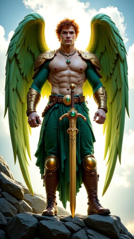 Angel of Ireland. Tall, muscular, brawny, athletic, bodybuilder, massive muscles, broad shouldered. Fair skinned, handsome, masculine, rugged good looks. Chiseled squared jaw. Emerald green eyes with chartreuse flecks, bright and clear. Bright auburn-red hair, curly fade asymmetrical hairstyle cut very close on sides and back, loose curls on top of head. Thick brown leather diadem with Celtic carved patterns around his forehead. 
Bare chest, but gold necklace with triskelle pendant around his neck, emerald gem at the center of pendant. Gold layered pauldrons on his shoulders,  Celtic designs carved into the metal. Brown leather bracers on his thick forearms, adorned with gold grommets. A thick brown leather belt around his waist, also adorned with gold grommets. The belt buckle is a thick heavy gold disc with a triquettra carved into it, an emerald gem at the center. A pair of shiny emerald green form-fitting tights/pants with obvious bulge in crotch. He wears a pair of knee-high brown leather boots with gold zippers on the outsides of the legs, straps and buckles up to the knees. Shiny gold knee-pads with brown straps to hold them on. His angel wings are huge, fanning out beyond his shoulders. The wings are emerald green with shiny metallic gold tips and pinfeathers. He carries a huge gold bastard sword with Celtic carvings on the blade. Full body pose, standing on a rocky hill. There's a rainbow in the sky, and possibly some faeries/sprites nearby to accompany him. 