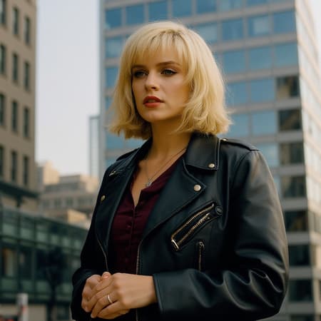 Urban scene depicting a grunge-style woman in 1990 Manhattan, standing confidently before a sleek high-rise building. She sports a blonde 90s bob haircut reminiscent of Carly Norris from the movie Sliver. Captured in natural light, the photograph emulates the grainy texture of being shot on Agfa Vista 200 film, providing a nostalgic, authentic feel. The atmosphere reflects the raw energy and stylistic edge of the era, with subtle creative variations enhancing the core essence of the scene.