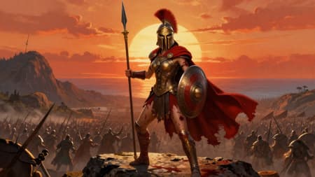 A powerful female Spartan warrior, bloodied and resolute, standing on a rocky outcrop overlooking a vast army. She wears a golden helmet, armor, a tattered red cape, and holds a spear and a shield. Epic battle scene, digital painting, dramatic lighting, golden hour sunset, vivid orange and red sky, detailed mountains and a distant sea. The atmosphere is intense and heroic, with a sense of impending conflict. Bloodstains on the ground and her armor. Ornate details on the helmet and shield.