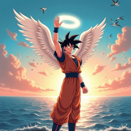 Goku, from Toriyama Akira's iconic series, stands on the glistening sea with radiant white angel wings emerging gracefully from his back, a shimmering angel halo hovering above his head. With a serene expression, he waves farewell to the horizon, where the sun begins to dip below the water, casting hues of orange and pink across the sky. His gi flutters gently in the ocean breeze, while playful sea birds circle above, adding to the scene's peaceful ambiance.