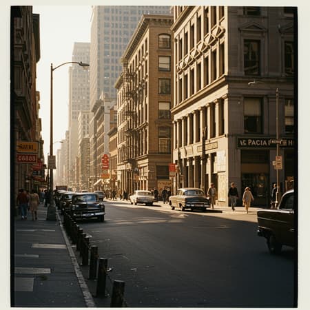 Urban scene with a vintage vibe, captured on film, showcasing bustling city streets under the warm glow of daylight, with subtle shadows and rich, natural colors.