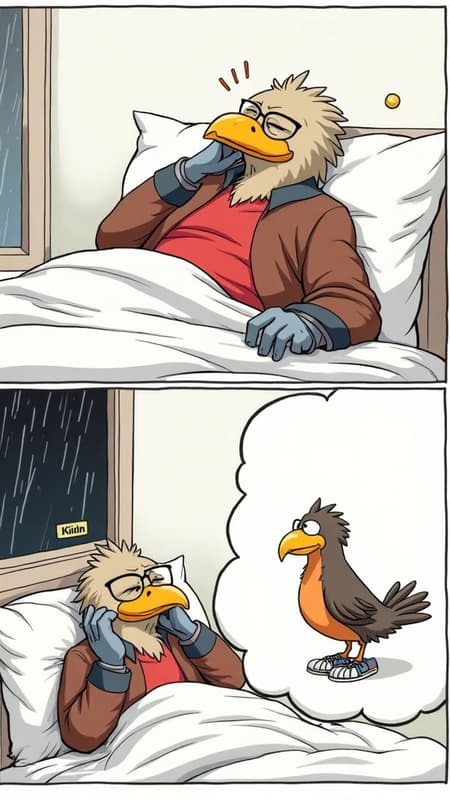 Bird Man Waking Up From Dream Create a 3:4 comic book image. It will consist of two panels. The first, top panel, will be one-third the length, and the second, bottom panel, will take up two-thirds of the image. The scene will feature a main character: the man-bird with glasses from image 1. The top panel shows his serene, sleeping face with his eyes closed and beak closed, his head resting on a pillow. The second panel shows a longer shot of the bed and the man, who has raised his torso, waking up, frightened, with his beak and eyes wide open. His upper body is visible, complete with a red shirt and jacket; he has gray human-like hands, clutching his head with them, and the sleeves of his jacket are rolled up. To his right, a large dream bubble is shown, representing his dream. It depicts the bird from image 2. Draw it on a plain white background, adding small feet in sneakers on which it stands. The scene takes place in a simple room. On the left is a window that reveals rain and a stormy sky.
Redraw the image. Remove the small yellow text box in the bottom panel. Make the blanket and pillows white in the top panel. Make the blanket and pillows white in the bottom panel.