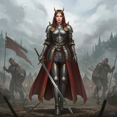 A stunning female warrior standing proudly on a battlefield, her strikingly beautiful face exuding strength and grace. The scene is a masterful piece of fantasy art, with intricate details capturing the essence of an epic, mythical world. The artwork boasts smooth and clear focus, bringing the concept art to life with precision and depth. The warrior's armor and attire are elaborately designed, enhancing her regal presence. The background hints at the remnants of a fierce battle, adding drama and emotion to the scene while maintaining a sense of elegance and poise.