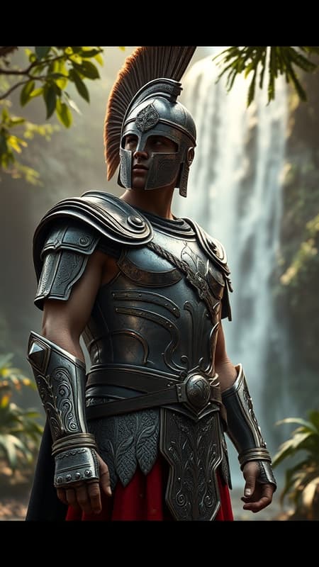 A Roman knight adorned in intricate Spartan armor stands proudly in the heart of the Amazon River Gorge, with a majestic waterfall cascading behind him. The scene captures an ultra-realistic, highly detailed, photorealistic atmosphere, where the interplay of light and shadow is akin to high-end photography lighting. The armor gleams with reflection mapping, highlighting its exquisite craftsmanship, while the backdrop features cinematic-level quality rendering and VFX post-production. RTX ray tracing lighting enhances the visual depth, bringing a movie-quality sheen to every element of the composition. The knight's regal posture amidst the lush jungle and roaring waterfall evokes a sense of timeless valor and epic adventure, all captured in stunning 8k resolution.