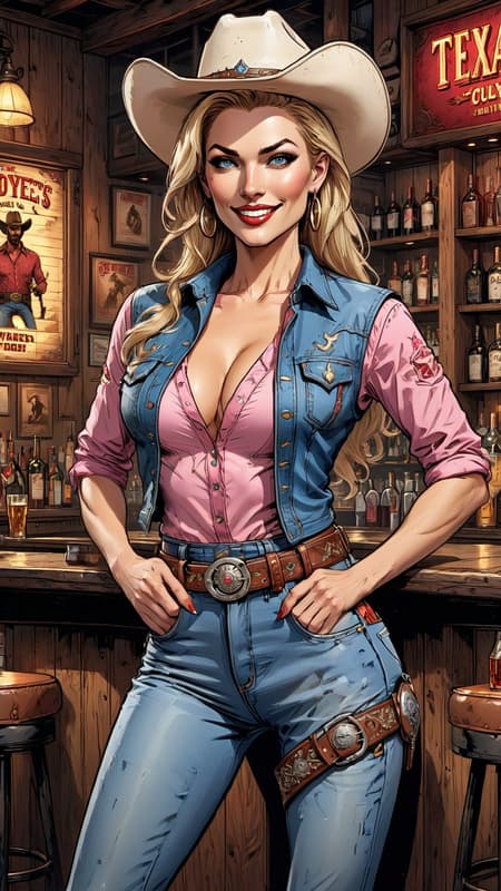 Super-hero, feminine woman, young woman. Cowgirl, bartender (Coyote Ugly type of bartender), sharpshooter, Annie Oakley type of girl. Fun, flirty, quick with a wink and a smile. Tall, slender, athletic, fit, limber, slim but busty. Golden blonde shoulder length hair, pulled back in a ponytail. She wears a white cowboy hat on her head. Pretty face, usually smiling. Light cornflower blue eyes, long blond lashes. Minimal make-up, pink glossy lips. Red cowboy shirt, ,black suede vest. Black leather belt with a big bronze Texas steer belt buckle around her waist. Tight dark blue denim Levis with white embroidering around the upper pockets, down the legs and on the back pockets and rear. Black high heeled cowboy boots on her feet. She carries 2  silver pistols and is the best sharp shooter in the land-- SHE DOES NOT MISS HER TARGET. Full body pose, probably shooting at something. 