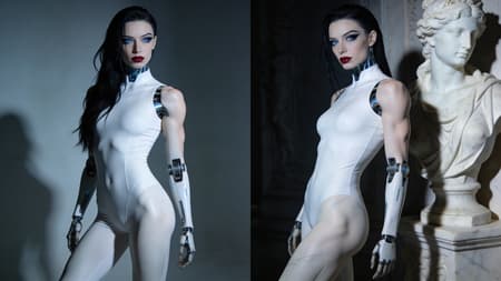 create an ultra‑detailed, photorealistic, full-body, three-quarter view of the female Cyborg. She has a pale aristocratic female face with sharp sculpted cheekbones, porcelain skin, icy blue almond‑shaped eyes, dark precise eyeliner, thin arched eyebrows, straight narrow nose, full deep‑red lips with natural gloss, cold confident expression,  long black hair framing the face with individual strands visible, the hair falls over her shoulder. Her physique is tall, lithe, and powerfully athletic with defined muscle tone, reminiscent of a high-end marble sculpture. She wears a tight, white full-body bodysuit.
She is captured in a fine-art chiaroscuro style where deep shadows and cinematic cool lighting emphasize her bone structure and powerful anatomy. Her pose is calculated and regal, with limbs positioned in an artistic composition that creates a sophisticated silhouette. High-end studio photography, 35mm lens for a full-body perspective, crisp focus on her confident facial expression, 1696x2528px.