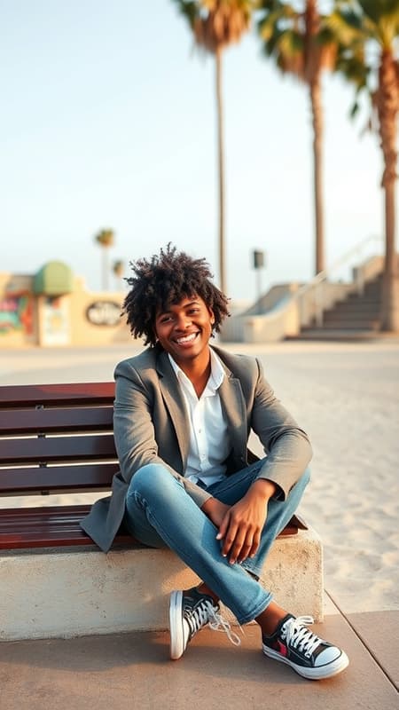 FlorencePugh3 Half-Up Half-Down: Showcase your black hair with this versatile style by gathering the top half and securing it with a chic clip, letting the rest flow freely. Ideal for school or social events, it provides a stylish and practical look. The Sitting/Leaning Pose: Choose an attractive spot like a bench, staircase, or wall to sit or lean against. Relax into the pose, crossing your legs or leaning casually, allowing your natural charm to shine. This adds a relaxed and effortless vibe to your photos. Casual-Chic: Merge comfort and sophistication with high-quality basics such as well-fitted jeans, a white button-down, and a tailored blazer. Add statement accessories or trendy sneakers for a stylish yet relaxed everyday look. Venice Beach: Capture the vibrant atmosphere with photos against colorful graffiti walls along the boardwalk, palm trees, or sandy beach scenes with the ocean breeze, photographed with a Canon EOS R6, 135mm, 1/1250s, f/2.8, ISO 400. Imagine a scene with a man, curly hair, afro, smiling effortlessly in ultra high resolution, and natural shadows. Make it unique with creative touches while keeping the essence intact.