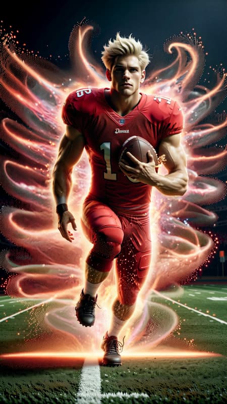 Super-hero, football Player, sports figure, college football. Hypermasculine male, Caucasian white male, young man (about 18 thru 21). Tall, muscular, sinewy, athletic, fit, wide bach and shoulders, broad chest, narrow waist, big thighs and calves. Super fast, can outrun a car, leaves a trail of wind in his wake. Unstoppable, can plow through his opponents on the football field. Handsome, rugged good looks. Light golden blonde very short hair, flat top hairstyle, close on sides and straight spiky on top. Deep set aqua-blue eyes, strong brow and chin, mild soul patch on face. Cleft in chin, cute dimples on face. Black strips under his eyes to reduce glare. Bare chest, shirtless, sweat running down his chest and legs after a hard practice. Black shoulder pads, elbow pads and knee pads on the outside of his body. Bright red (((red))) shiny football shorts stretched over his bulging crotch, revealing strong powerful thighs and legs. Black cleated football shoes. Usually running, a need for speed. Full body pose. 