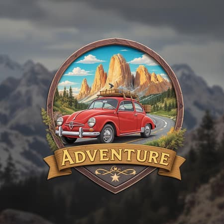 3D logo icon featuring a vintage fusca car embarking on an adventure, set against a breathtaking, realistic landscape. The design emphasizes high detail and RAW color art, capturing the essence of exploration. The scene is crafted in 8k resolution, maintaining a balance between graphic design and photorealism, adding subtle creative elements to enhance the adventurous spirit.