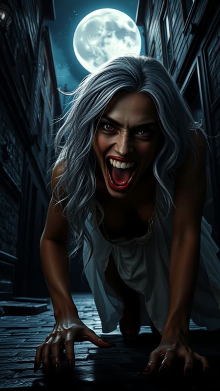 Extremely detailed CG unity 8k wallpaper portrait of a vampire woman poised to bite the viewer in a shadowy Victorian alley, silver hair cascading around her face, 8k resolution under the midnight sky, richly tanned skin gleaming in moonlight, her mouth ajar revealing sharp vampire fangs, dressed in a tattered white gown, poised in a predatory crawl on the cobblestone ground, blood glistening as it drips from her lips, enveloped in dramatic interplay of shadows and light, evocative of Greg Rutkowski's style, with twinkling stars adorning a clear, expansive night sky, and a luminous full moon casting an eerie glow over the scene.