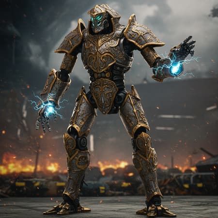 A battle robot adorned in incredibly ornate armor, featuring intricate patterns, rendered in stunning 8k resolution with super realism and ultra details; the scene is illuminated with dynamic and realistic lighting, showcasing the robot's intricate craftsmanship and metallic sheen with the power of Unreal Engine 5, enhanced by subtle creative elements like energy pulsating from joints and a backdrop of a futuristic battlefield to emphasize its might and elegance.