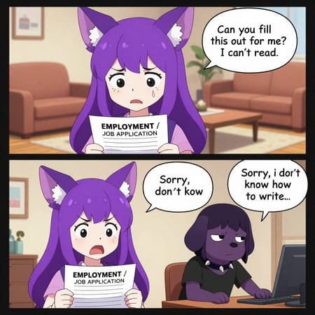 Anime Characters Struggle With Job Application Comic strip, two panels. Top panel: A purple-haired anthro character with large ears and white fur on her face looks distressed, holding an "EMPLOYMENT / JOB APPLICATION" form. A sweatdrop is visible on her forehead. She has a speech bubble saying "Can you fill this out for me? I can't read." In the background, a living room with a sofa and coffee table. Bottom panel: The same purple-haired character looks panicked, still holding the form. Beside her, a dark-furred anthro dog-like character with short black hair, wearing a black top and spiked choker, leans on a desk with a bored expression, saying "Sorry, i dont know how to write..." in a speech bubble. Anime style, vibrant colors, expressive character designs, soft shading, clean line art.