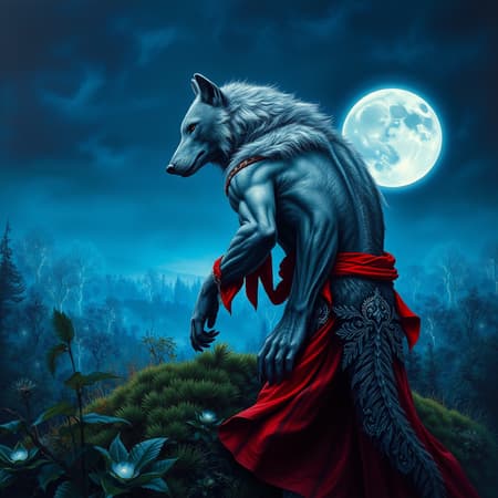 Oil painting, highly detailed, capturing the ethereal beauty of a blue full moon night. In the forefront, a powerful and hyperrealistic grey-skinned werewolf with a menacing, muscular build stands in a battle stance. Clothed in vibrant red garments accented with intricate silver filigree, the werewolf exudes both elegance and ferocity. Positioned at the crest of a lush hill, the creature gazes out towards a horizon framed by an enchanted forest. The trees glow with bioluminescent hues, their magical aura echoing across the landscape. Surrounding plants emit a gentle luminescence, adding to the mystical atmosphere. In the background, the scene is rendered in ultra-high definition, bringing to life every detail of this captivating nocturnal tableau. The painting seamlessly blends hyperrealism with fantasy, drawing viewers into a world where myth and reality converge.