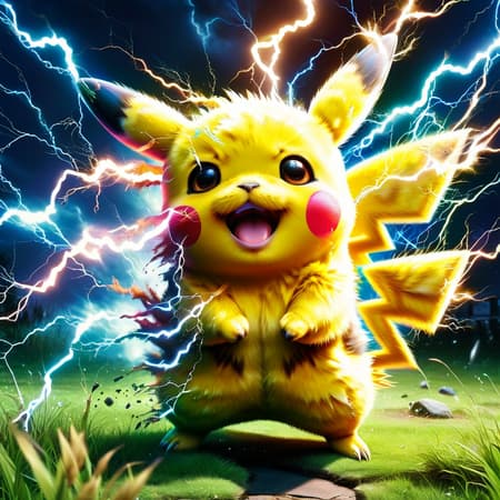 high quality art , taken with a professional grade camera with exquisite color grading , full body , massive pikachu , happy face ,mouth , tongue , fangs , pokemon , grass around , real , photoreal , strong legs and hands , fluffy , 35mm , lightnings and thunder around , (tries to hug:1.2) , large claws on hands, electric aura around
