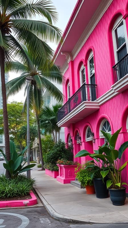 Miami urban scene, vibrant street, home adorned in plush pink velvet, photograph.