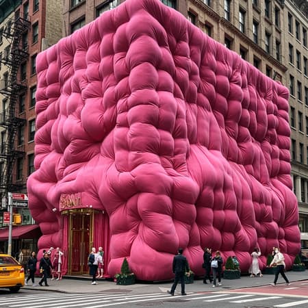 A bustling New York city street showcases a boutique with its entire facade enveloped in extravagant pink velvet fabric, whimsically oversized and billowing. The texture appears plush and luxurious, with each fold and puff artistically exaggerated. Every inch is meticulously detailed, capturing the interplay of light and shadow on the plush surface. This grand display stands out amidst the urban backdrop, resembling an art installation more than a storefront, and drawing the eyes of every passerby with its surreal yet captivating appearance.