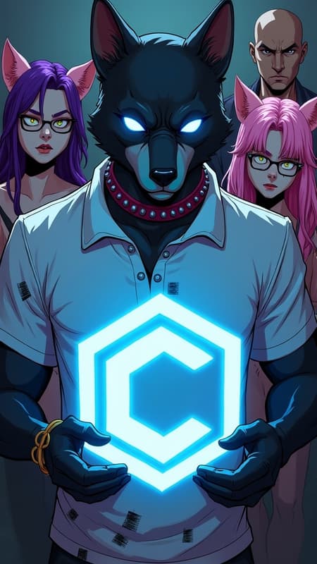 A group of anthropomorphic characters (cat-girls, dog-boy) and one human, looking serious and intense, gathered around a glowing blue hexagonal "C" logo. A male dog-boy in a ripped white polo shirt with a spiked collar holds the logo with a clawed hand. One cat-girl has purple hair and a fierce expression, another has pink hair and glasses, a third has light purple hair and a cigarette. A bald human man stands in the background. Digital art, comic book style, bold outlines, flat colors with subtle shading, gritty texture. Dark and moody lighting, with a bright glow from the logo. Muted, desaturated color palette with pops of purple, pink, and blue.