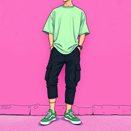 A creative illustration art features a full-body depiction of a man with a mint green oversized T-shirt and black capri cargo pants, complemented by green Vans old-school sneakers. The scene blends into a vividly colored digital artwork with bold outlines and a palette of bright pink, neon green, and magenta. The artwork adopts a playful, cute cartoonish style, showing the man posed against a vibrant, vivid wall that fills the solid background. The image maintains a youthful, energetic vibe, capturing the essence of color and style.