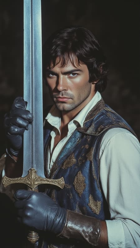 ArsMovieStill, 80s Fantasy Movie Still, The image is a close-up portrait of a man holding a sword. He is wearing a white shirt with a blue and gold patterned vest over it. The man has shoulder-length dark hair and blue eyes and her expression is serious and intense. The sword he is holding is long and pointed with a golden hilt and a blue blade. The background is dark making the man and the sword stand out. The overall mood of the image is dramatic and powerful., weapon, sword, 1girl, solo, brown eyes, black background, holding sword, holding, holding weapon, gloves