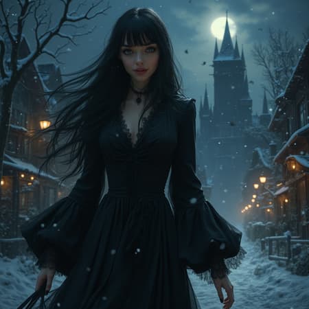 A mesmerizing vampire woman strolls through a Victorian city blanketed in winter's chill, her presence captivating. Her long, flowing hair frames a perfectly symmetrical face, with striking bangs and an inviting, open-mouth smile. Her reflective, mascara-coated eyes gleam, set against a backdrop of swirling dust particles. The chiaroscuro lighting creates dramatic contrasts, enhancing her black vampire dress, high heels, and intricate gothic details. The scene is alive with bats fluttering beneath a star-studded night sky, punctuated by dark clouds. The majestic gothic castle looms in the background, reminiscent of a professional impressionistic oil painting inspired by the styles of Waterhouse, John Constable, and Studio Ghibli, and evoking the rich details of artists like Jeremy Mann and Greg Manchess. The artwork, trending on platforms like ArtStation and CGSociety, features high detail and intricate elements reminiscent of Makoto Shinkai's Kyoto, ensuring an unforgettable, dramatic scene.