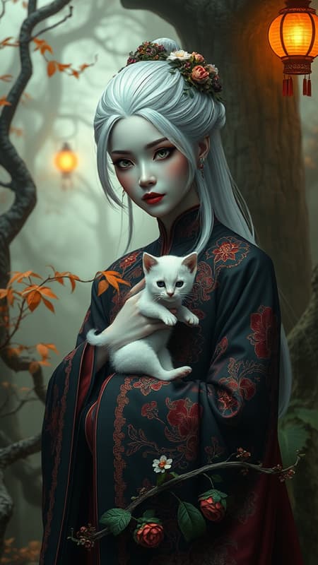 Ancient chinese mystical maiden with porcelain doll-like features and snow white hair in a sweeping black and red traditional cheongsam gown adorned with jade and silk embroidered intricate designs, set amidst a mystical 12th century foggy forest with warm golden lighting and soft ethereal glow emanating from a distant lantern, surrounded by lush greenery and gnarled tree trunks with vibrant autumn leaves, as she holds a tiny, equally white, ultra realistic kitten wearing a miniature jade necklace, her eyes are pools of deep mystery and her delicate, symmetrical face is a masterpiece of hyperrealistic detail, with a soft, subtle lens flare effect adding a touch of magic to her gaze, yet her lower limbs are mutated, twisted and wrapped in a tangle of vines and flowers, as if she's a living, breathing, part of the forest itself.