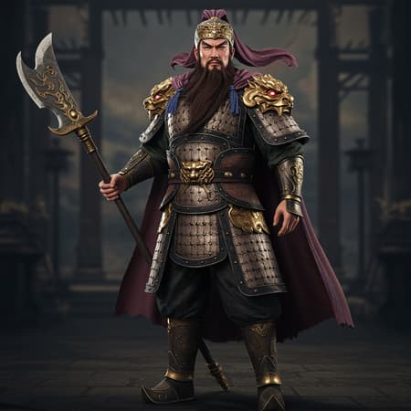Cinematic Action Cinematic action shot of a majestic Chinese general from the Three Kingdoms period, inspired by Guan Yu; a middle-aged, strong male figure. He stands confidently, clad in ornate armor with distinct Phoenix eyes and a long flowing beard. In his hands, he holds a formidable weapon, depicted in a highly detailed and lifelike manner using a 3D model and photorealistic rendering, akin to a scene from a high-end video game using Unreal Engine. The image captures the essence of a beautifully composed photograph, appearing as if taken with a DSLR. Retain clarity and sharpness to showcase the craftsmanship of the armor and the general's commanding presence, ensuring the image maintains high quality without errors or visual artifacts.