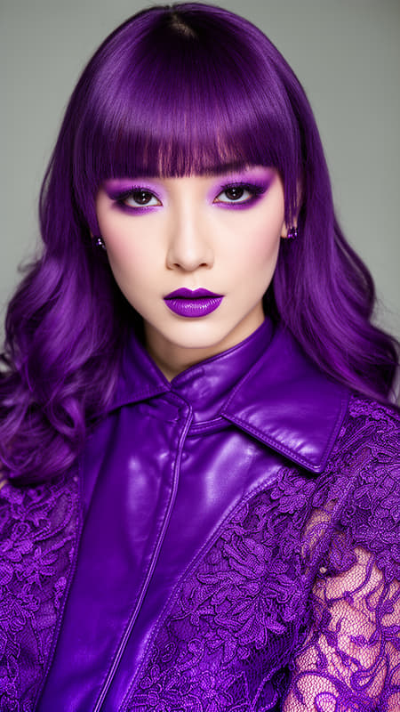 midjourney_whisper_avant_couture, Japanese woman, bangs, purple  leather and lace, purple  eyeshadow, purple lips,purple hair
